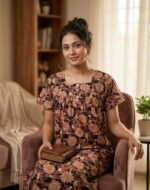 Front Open Cotton Nighty With Buttons, 55 Inches Long - Black