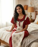 Comfortable Churidar Model Cotton Nighty, 55 Inches Long - Red + White