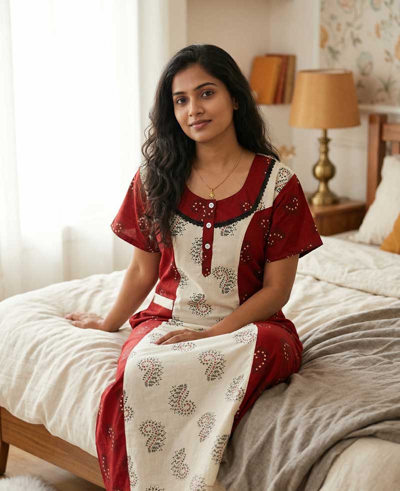 AA1 Comfortable Churidar Model Cotton Nighty, 55 Inches Long - Red + White - Image 1