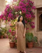 Traditional Cotton Nighty, 55 Inches Length - Golden Yellow + Violet - Image 2