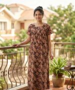 Front Open Cotton Nighty With Buttons, 55 Inches Long - Black - Image 2