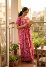 Traditional Cotton Frock Nighty, 55 Inches Length - Rose - Image 2