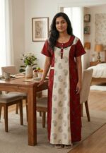 Comfortable Churidar Model Cotton Nighty, 55 Inches Long - Red + White - Image 2