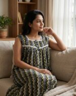 Front Open Cotton Nighty With Buttons, 55 Inches Long, Sleeveless- Black + Green