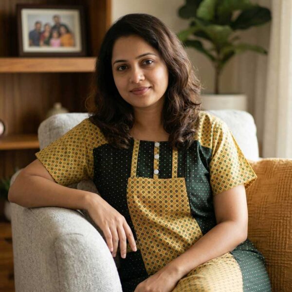 Comfortable Churidar Model Cotton Nighty, 55 Inches Long - Yellow + Dark Green