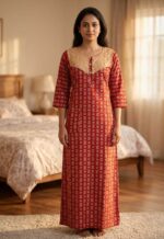 Comfortable Churidar Model Ajrakh Nighty, 55 Inches Long, 3/4th Sleeves, Hacoba Yoke - Red - Image 2
