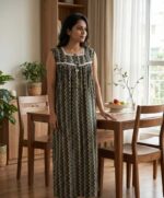 Front Open Cotton Nighty With Buttons, 55 Inches Long, Sleeveless- Black + Green - Image 2