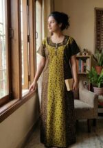 Comfortable Churidar Model Cotton Nighty, 55 Inches Long - Brown + Yellow - Image 2