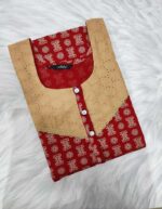 Comfortable Churidar Model Ajrakh Nighty, 55 Inches Long, 3/4th Sleeves, Hacoba Yoke - Red - Image 3
