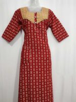 Comfortable Churidar Model Ajrakh Nighty, 55 Inches Long, 3/4th Sleeves, Hacoba Yoke - Red - Image 4