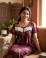 Front Open Alpine Nighty With Buttons, 55 Inches Long- Purple