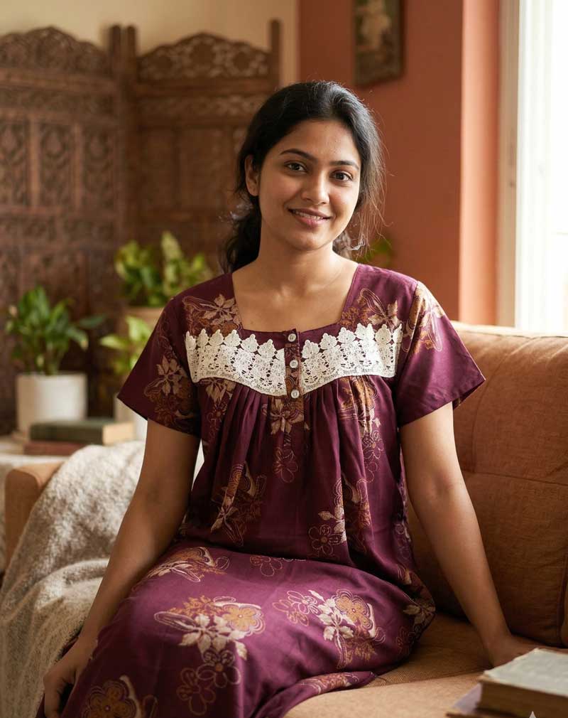 AC1 Front Open Alpine Nighty With Buttons, 55 Inches Long- Purple - Image 1