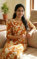 Comfortable Churidar Model Cotton Nighty, 55 Inches Long, 3/4th Sleeves - Orange
