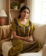 Comfortable Churidar Model Cotton Nighty, 55 Inches Long - Yellow + Brown