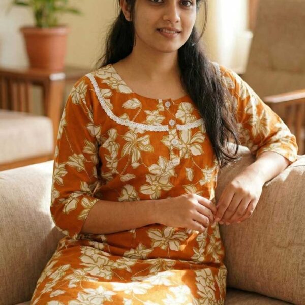 Comfortable Churidar Model Cotton Nighty, 55 Inches Long, 3/4th Sleeves - Orange