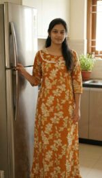 Comfortable Churidar Model Cotton Nighty, 55 Inches Long, 3/4th Sleeves - Orange - Image 2