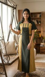 Comfortable Churidar Model Cotton Nighty, 55 Inches Long - Yellow + Dark Green - Image 2