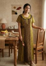 Comfortable Churidar Model Cotton Nighty, 55 Inches Long - Yellow + Brown - Image 2