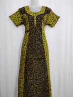 Comfortable Churidar Model Cotton Nighty, 55 Inches Long - Yellow + Brown - Image 4