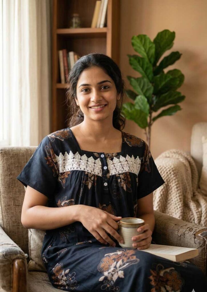 - Front Open Nighty With Pleats Stitching