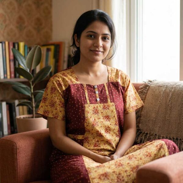 Comfortable Churidar Model Cotton Nighty, 55 Inches Long - Maroon + Yellow