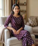 Night Suit In Cambric Cotton Fabric - Short Top And Pants - Purple