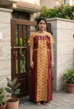 Comfortable Churidar Model Cotton Nighty, 55 Inches Long - Maroon + Yellow - Image 2