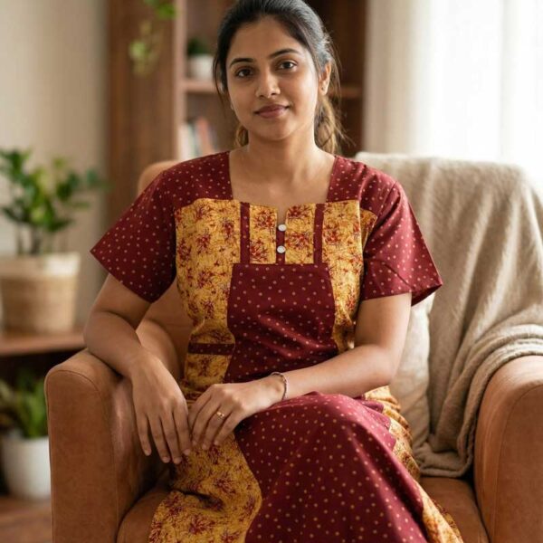 Comfortable Churidar Model Cotton Nighty, 55 Inches Long - Maroon + Yellow