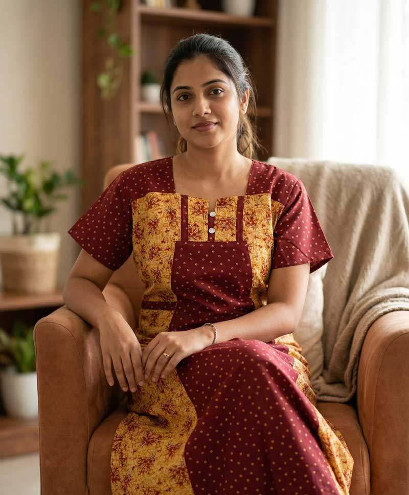 AE1 Comfortable Churidar Model Cotton Nighty, 55 Inches Long - Maroon + Yellow - Image 1