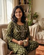 Night Suit In Cambric Cotton Fabric - Short Top And Pants - Green