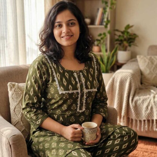 Night Suit In Cambric Cotton Fabric - Short Top And Pants - Green