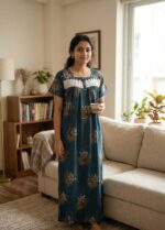 Front Open Alpine Nighty With Buttons, 55 Inches Long- Green - Image 2