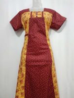 Comfortable Churidar Model Cotton Nighty, 55 Inches Long - Maroon + Yellow - Image 4