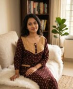 Comfortable Churidar Model Ajrakh Nighty, 55 Inches Long, 3/4th Sleeves, Hacoba Yoke - Maroon