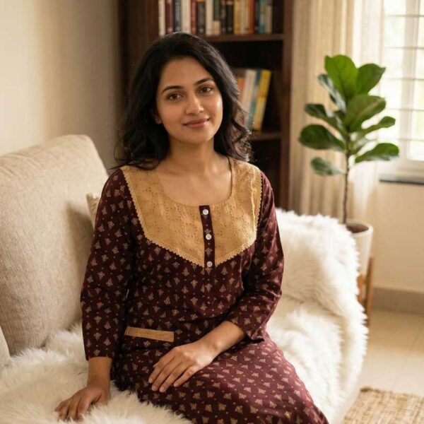 Comfortable Churidar Model Ajrakh Nighty, 55 Inches Long, 3/4th Sleeves, Hacoba Yoke - Maroon