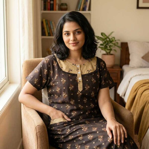 Comfortable Churidar Model Cotton Nighty, 55 Inches Long - Brown