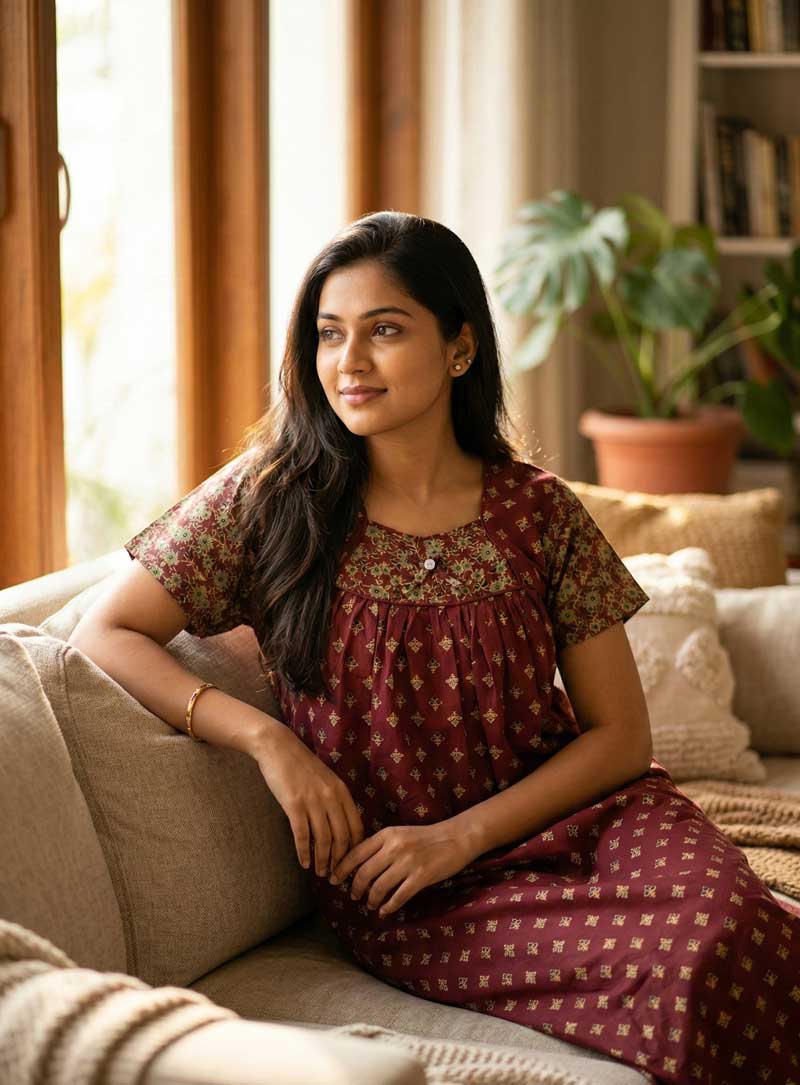 AF1 Traditional Cotton Nighty, 55 Inches Length - Maroon - Image 1