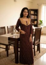 Comfortable Churidar Model Ajrakh Nighty, 55 Inches Long, 3/4th Sleeves, Hacoba Yoke - Maroon - Image 2