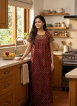 Traditional Cotton Nighty, 55 Inches Length - Maroon - Image 2