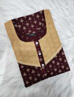 Comfortable Churidar Model Ajrakh Nighty, 55 Inches Long, 3/4th Sleeves, Hacoba Yoke - Maroon - Image 3