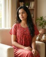 Traditional Cotton Nighty, 55 Inches Length - Peach