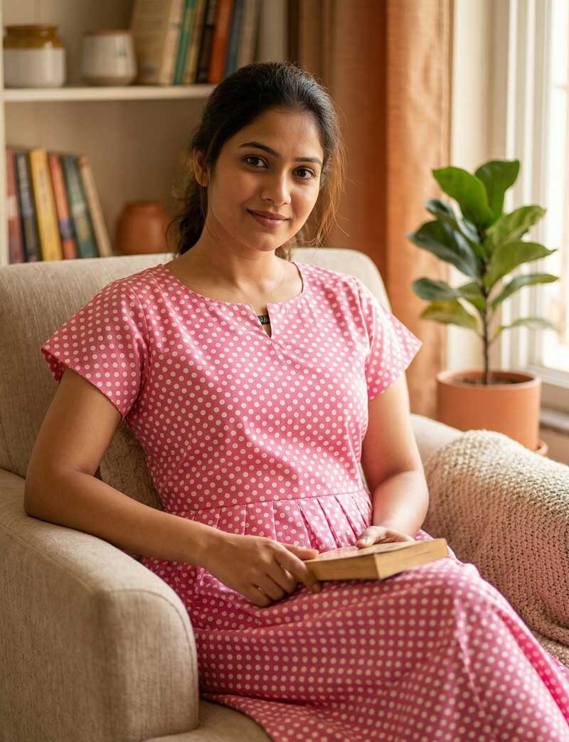 AG1 Traditional Cotton Frock Nighty, 55 Inches Length - Rose - Image 1