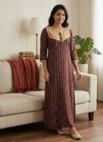 Comfortable Churidar Model Ajrakh Nighty, 55 Inches Long, 3/4th Sleeves, Hacoba Yoke - Maroon - Image 2