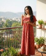 Traditional Cotton Nighty, 55 Inches Length - Peach - Image 2