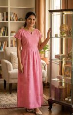 Traditional Cotton Frock Nighty, 55 Inches Length - Rose - Image 2