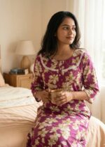 Comfortable Churidar Model Cotton Nighty, 55 Inches Long, 3/4th Sleeves - Violet