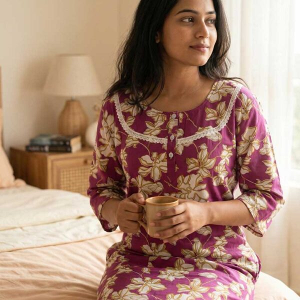 Comfortable Churidar Model Cotton Nighty, 55 Inches Long, 3/4th Sleeves - Violet