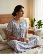 Traditional Cotton Frock Nighty, 55 Inches Length - White + Blue Flowers