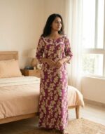 Comfortable Churidar Model Cotton Nighty, 55 Inches Long, 3/4th Sleeves - Violet - Image 2