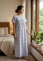 Traditional Cotton Frock Nighty, 55 Inches Length - White + Blue Flowers - Image 2